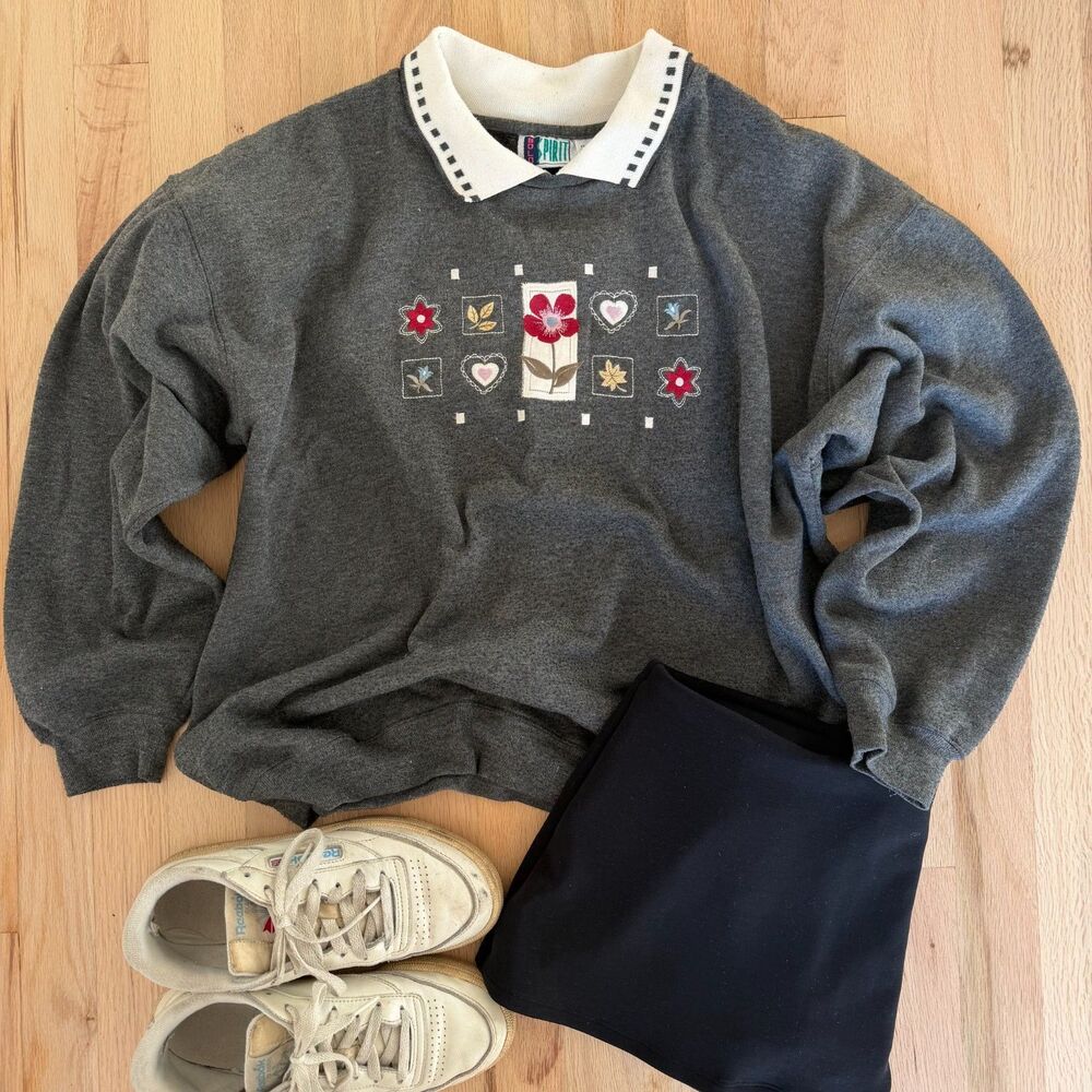 Bolo Spirit Vintage Floral Embroidered Gray Sweatshirt Large 1990s